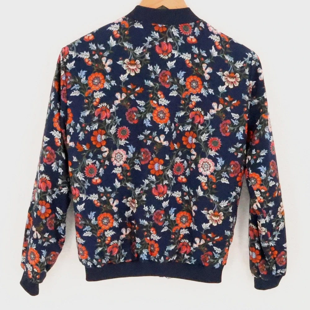 Floral Bomber Jacket Womens Size S Navy Blue Full Zip Pockets Streetwear Indie